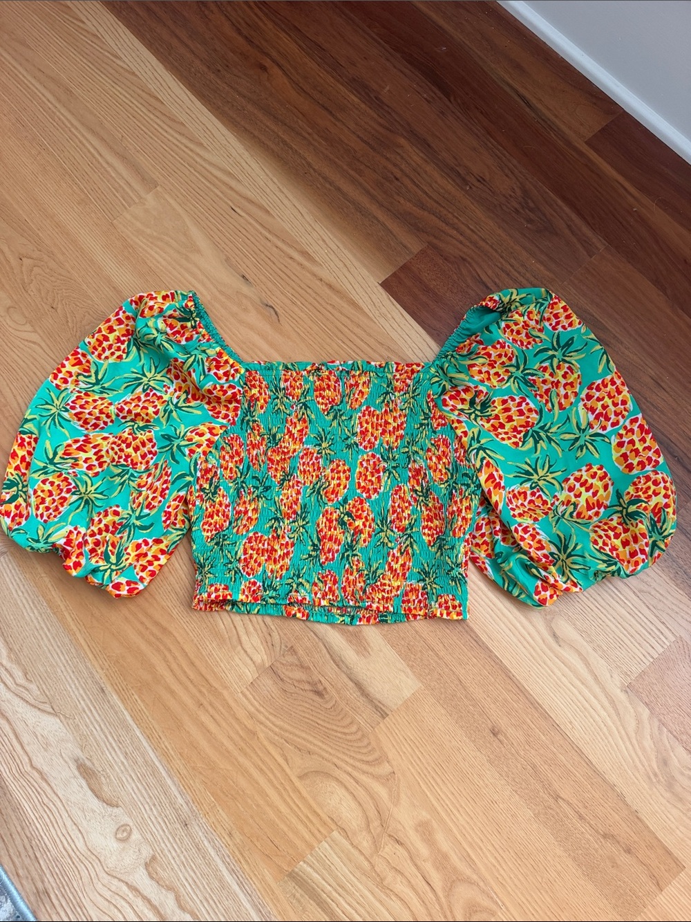 Skies Are Blue Turquoise Pineapple Puff Sleeve Crop Top
